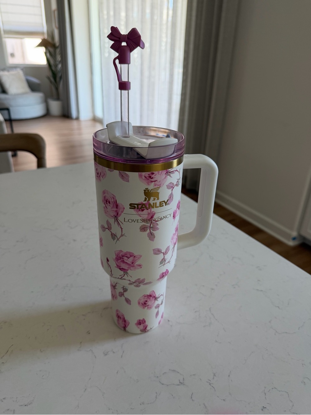 Love Shack Fancy Stanley White Tumbler with Pink Floral and Gold Accents